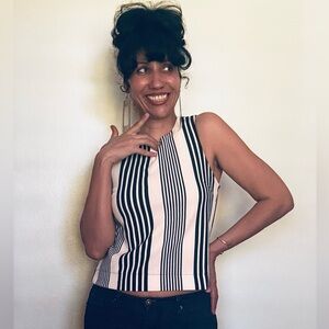 Beautiful Vintage 90s  Bleuh Ciel Pullover Back Zipper Black & White Stripes Top